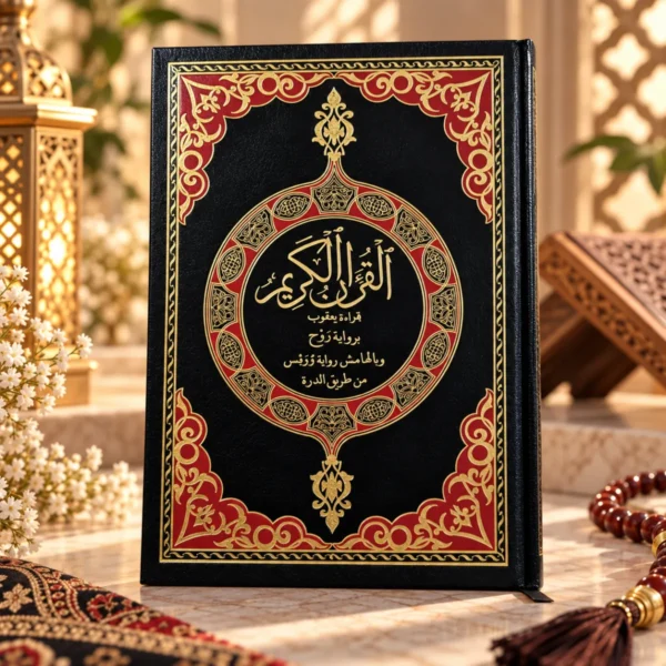 مصحف برواية روح وبالهامش ما خالف فيه رويس من قراءة يعقوب من طريق الدرة