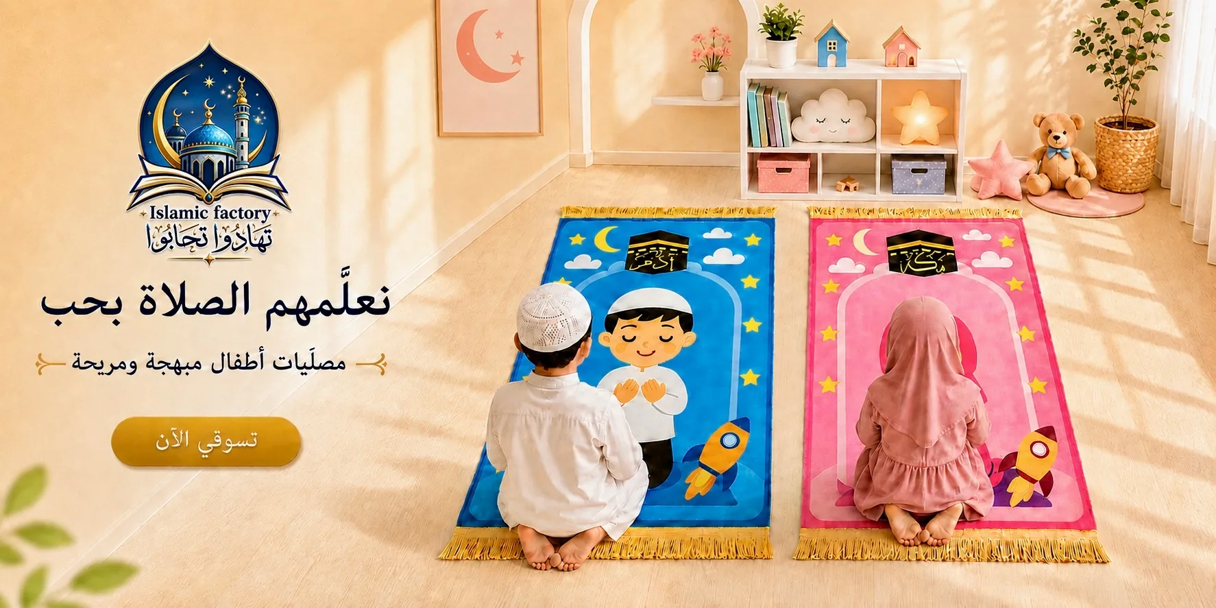 طفلان على مصليات أطفال ملونة — نعلّمهم الصلاة بحب